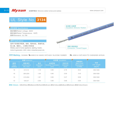 UL3134 silikon kauçuk kablolar 14AWG 600V/150C FT2 sarı/yeşil robot ev aletleri ışığı